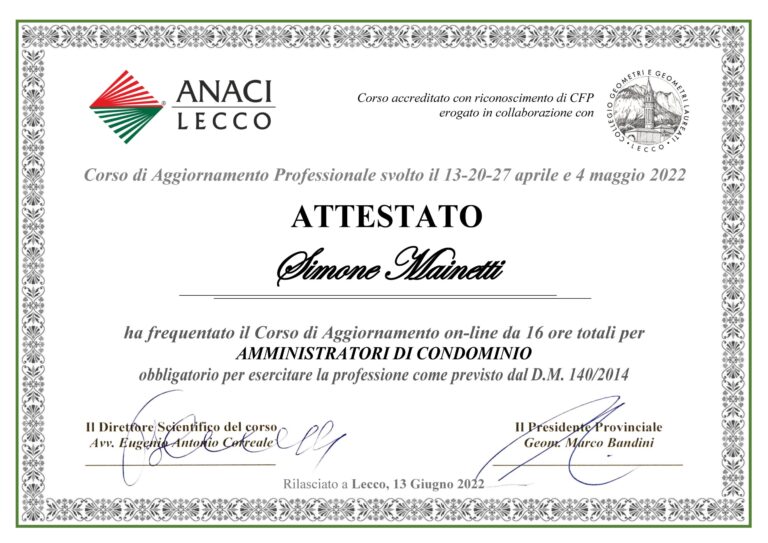 attestato corso aggiornamento 2022